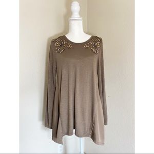 3/15 Style&Co Bejeweled Brown Long Sleeve Blouse